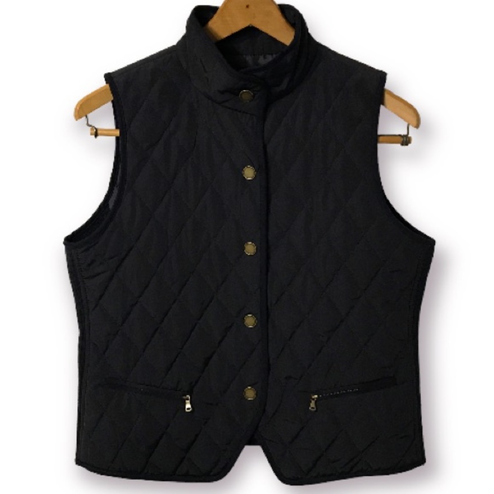 TALBOTS QUILTED RICH NAVY BLUE SNAP BUTTON VEST WITH ZIPPER POCKETS